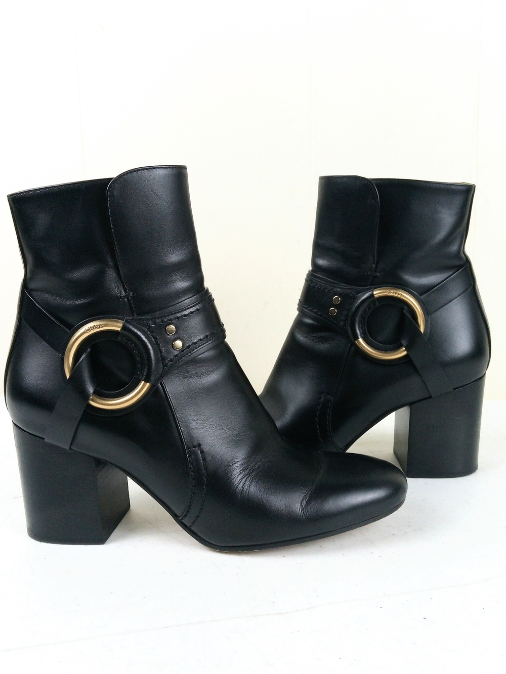 Chloe Black Leather Ankle Boots with Gold Ring Accent Size 38 US 7.5-8 Side Zip